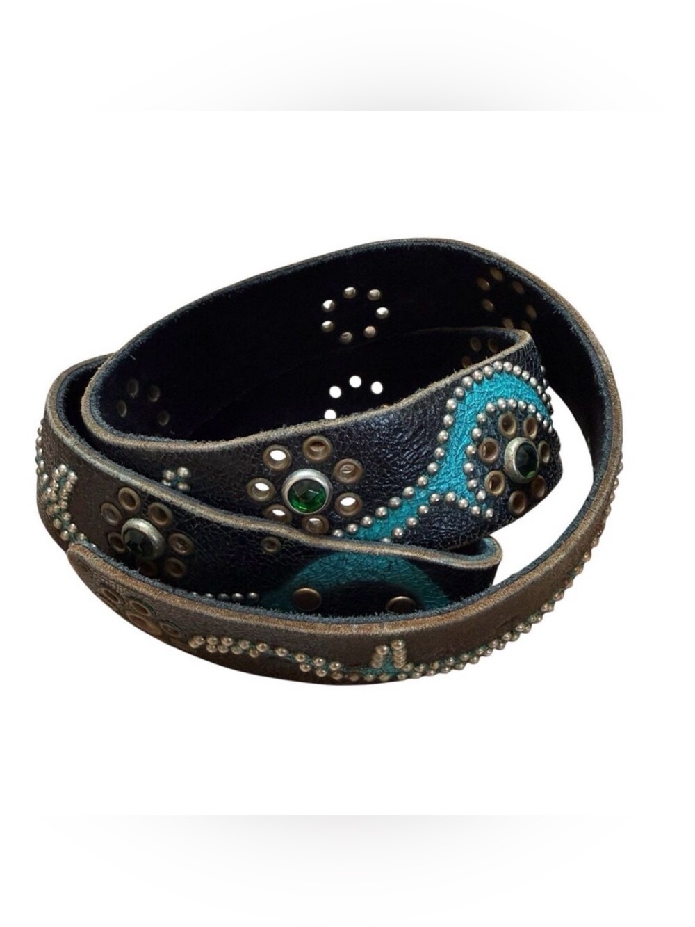 BALTAZAR Studded Rivets Rhinestone Western Belt 31.5"-36" Black Crinkled Leather